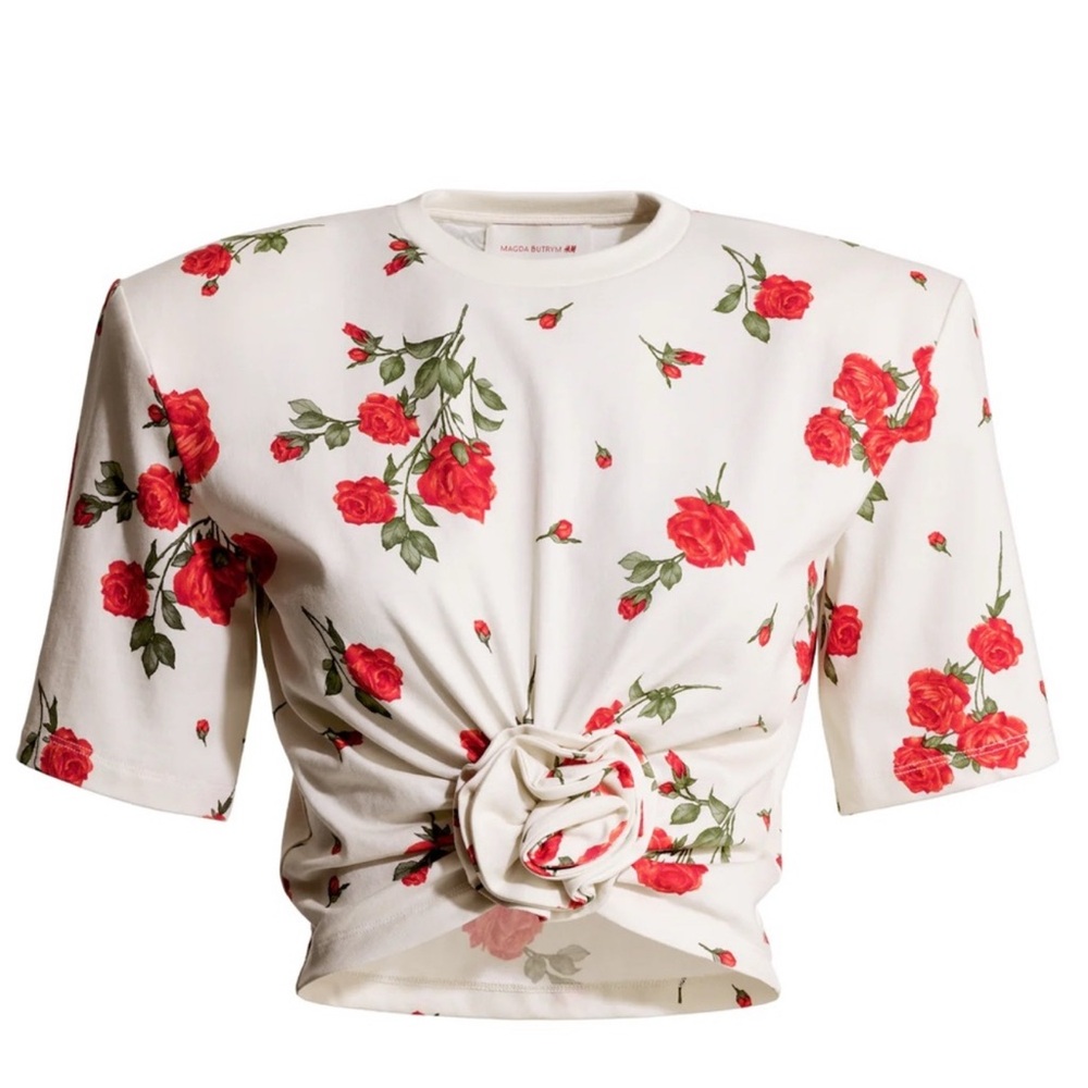 MAGDA BUTRYM H&M size XLPATTERNED T-SHIRT WITH ROSE APPLIQUÉ
